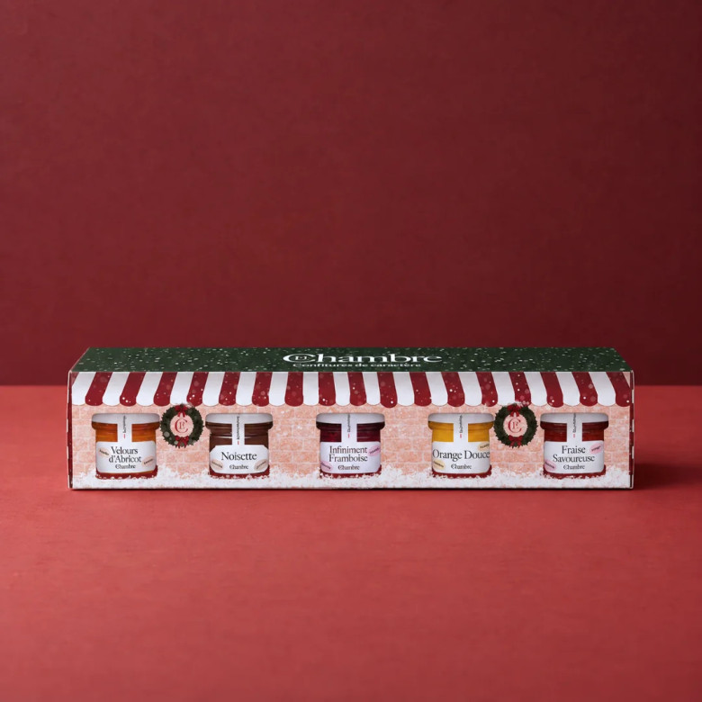La Chambre's 5x30g mini Christmas gift box: tasty strawberry, velvet apricot, sweet orange, hazelnut and infinitely raspberry