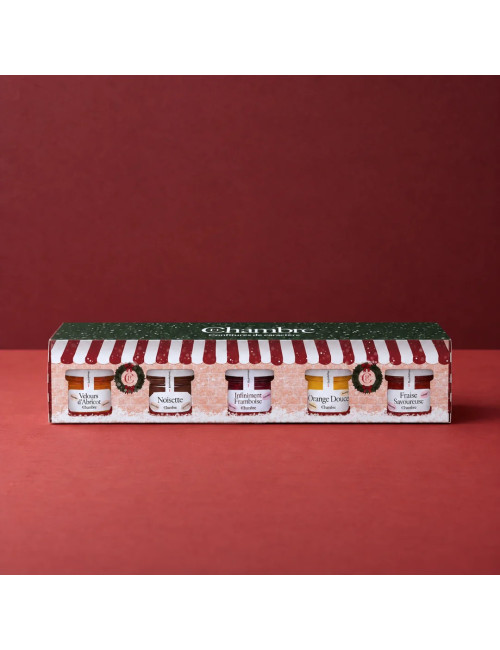 Mini coffret de Noël 5x30g de La Chambre : fraise savoureuse, velours d'abricot, orange douce, noisette et infiniment framboise