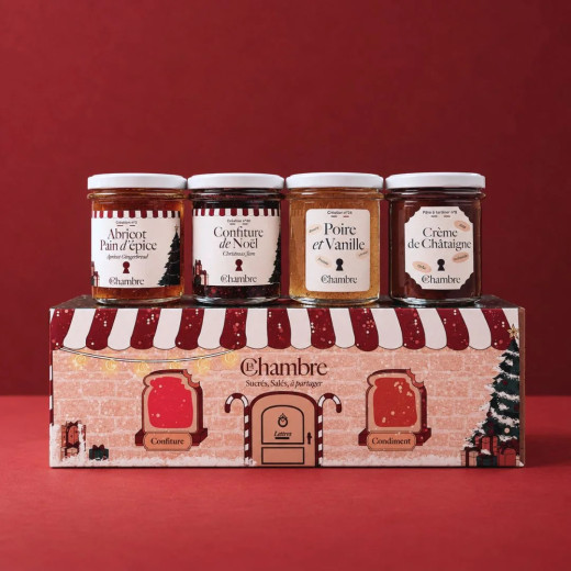 Coffret de Noël 4x200g de La Chambre : confiture de Noël, poire et vanille, abricot pain d'épice et crème de châtaigne