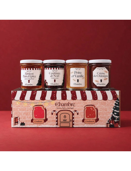 Coffret de Noël 4x200g de La Chambre : confiture de Noël, poire et vanille, abricot pain d'épice et crème de châtaigne