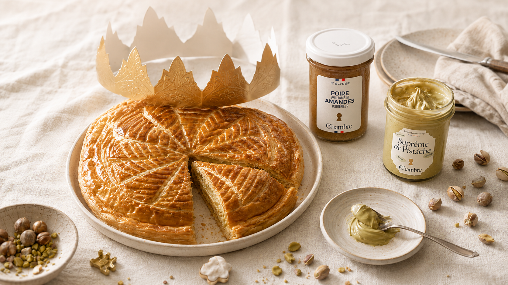 French Galette des Rois with La Chambre Williams Pear and Roasted Almonds jam and Pistachio Supreme spread