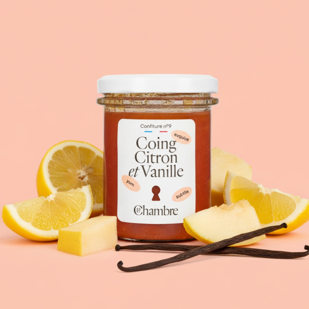 Pot de confiture de 100g aux saveurs de coing, citrons et vanille, une saveur festive et chaleureuse