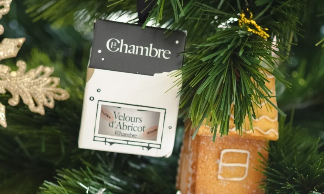 Boule de Noël gourmande Velours d'Abricot 30g suspendue dans un sapin