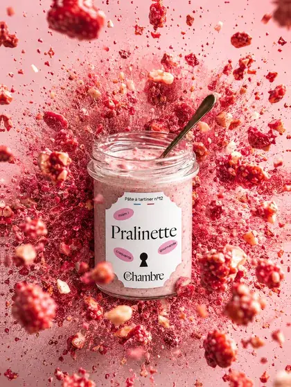 Pot de pâte à tartiner Pralinette La Chambre, entouré d'éclats de pralines roses de Lyon