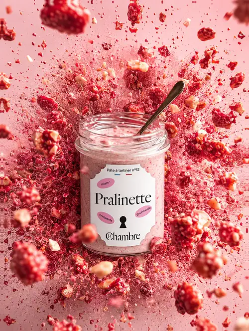 Pot de pâte à tartiner Pralinette La Chambre, entouré d'éclats de pralines roses de Lyon