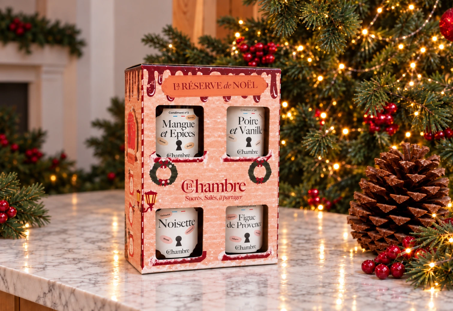 La Chambre's 4x100g Christmas gift box, four jam jars