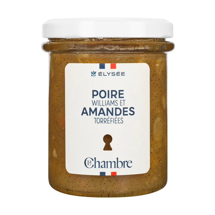 200g jar of Élysée range jam with the flavor: Williams pear and toasted almonds