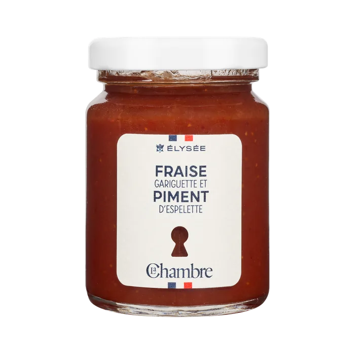 100g jar of Élysée range jam with the flavor: Gariguette strawberry and Espelette pepper