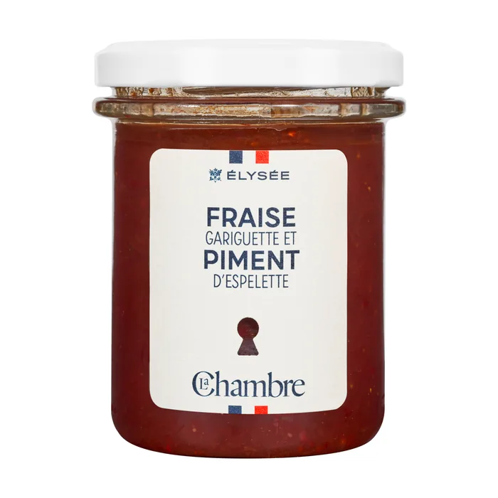 200g jar of Élysée luxury range jam with the flavor: Gariguette strawberry and Espelette pepper