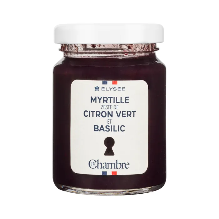 Le pot de 100g de confiture de luxe de la gamme Élysée à la saveur : myrtille, zeste de citron vert et basilic