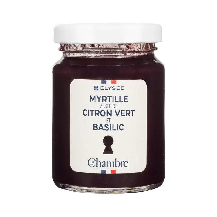 100g luxury jam jar from the Élysée range with the flavor: blueberry, lime zest, and basil