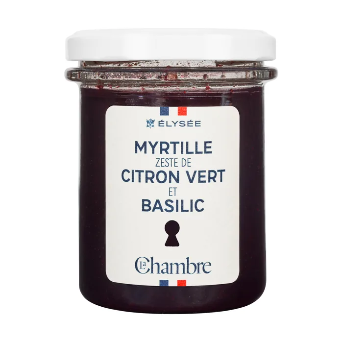200g luxury jam jar from the Élysée range with the flavor: blueberry, lime zest, and basil