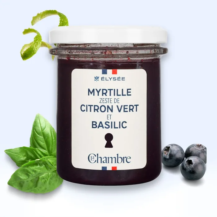 Le pot de 100g de confiture de luxe de la gamme Élysée à la saveur : myrtille, zeste de citron vert et basilic