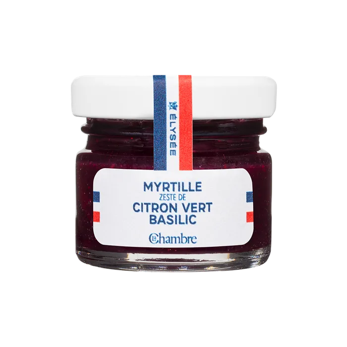 Tasting jar of Élysée range jam with the flavor: blueberry, lime zest, basil