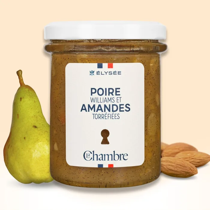 Le pot de 100g de confiture à la saveur poires et amandes grillées de la gamme de luxe Élysée