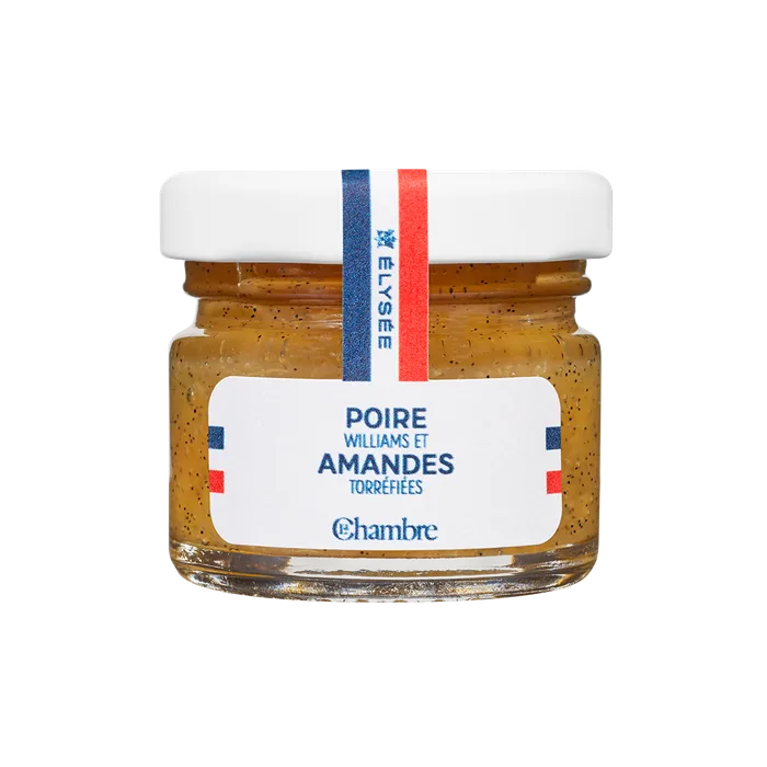 Tasting jar of Élysée range jam with the flavor: Williams pear and toasted almonds