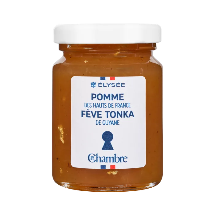 100g jar of Élysée range jam with the flavor: apple from Hauts-de-France and tonka bean from Guyane