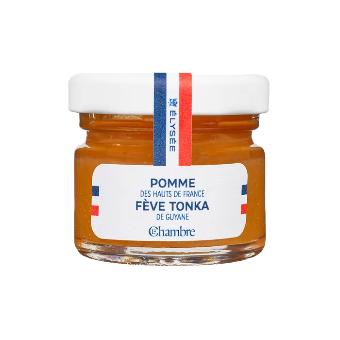 Tasting jar of Élysée range jam with the flavor: apple from Hauts-de-France and tonka bean from Guyane