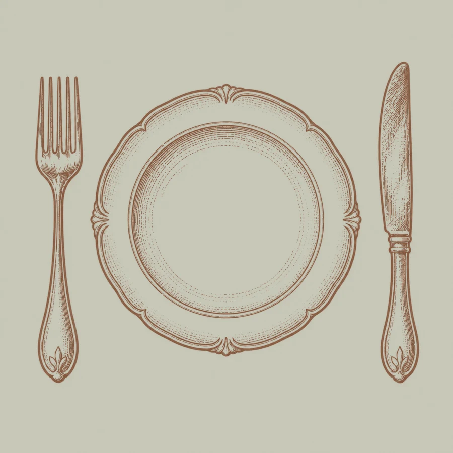 Assiette et couverts du repas, illustration La Chambre