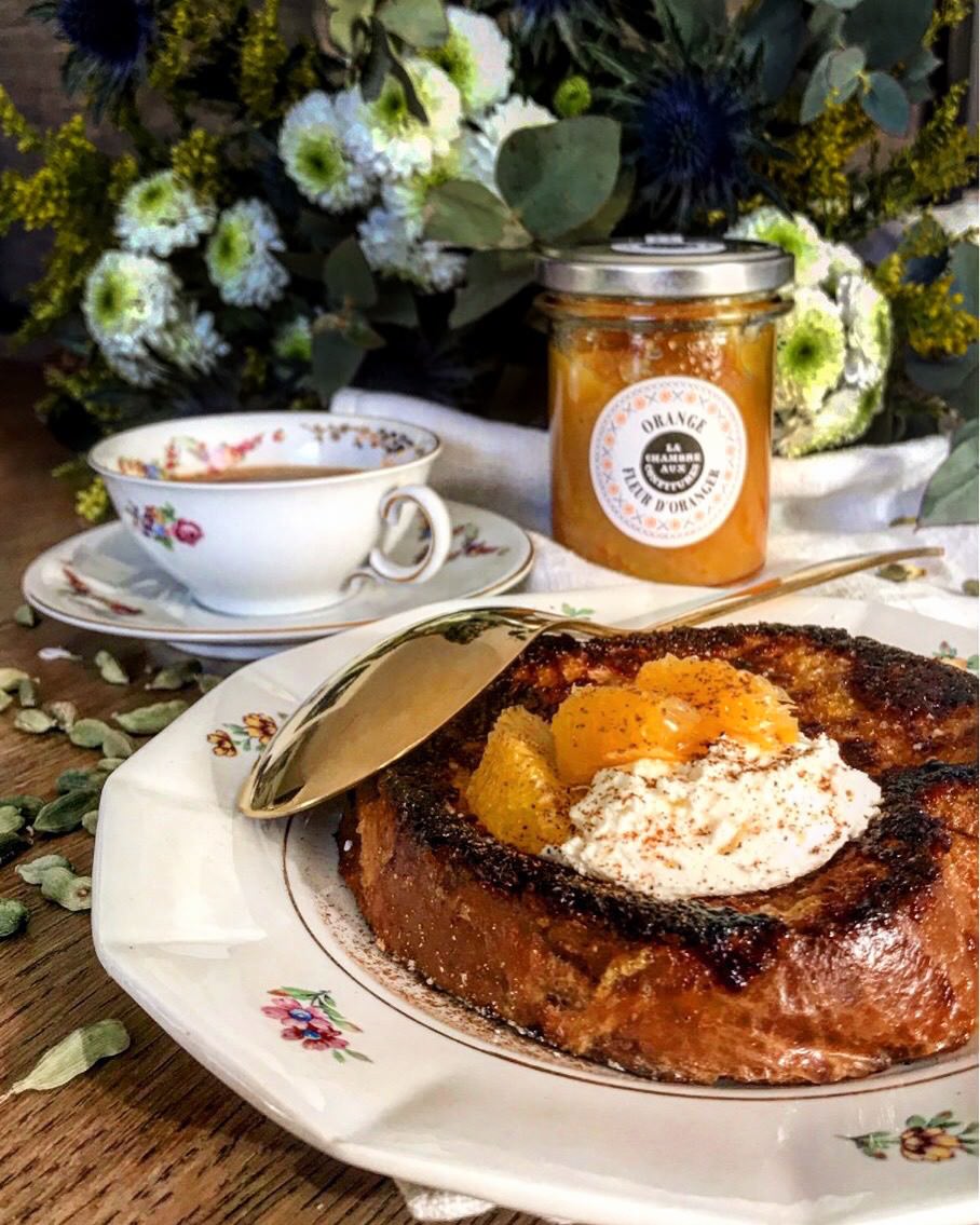  caramelized pain perdu with orange  and orange blossom jam, cardamom whipped cream