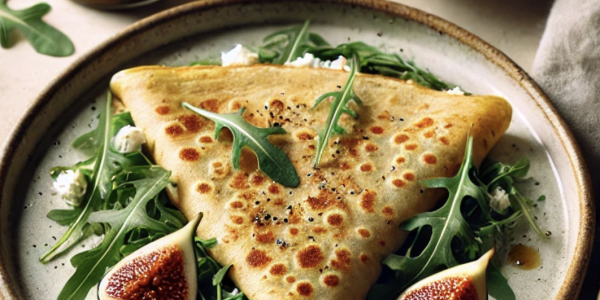 Crêpe salée au chèvre frais, roquette et condiment figue-poivre