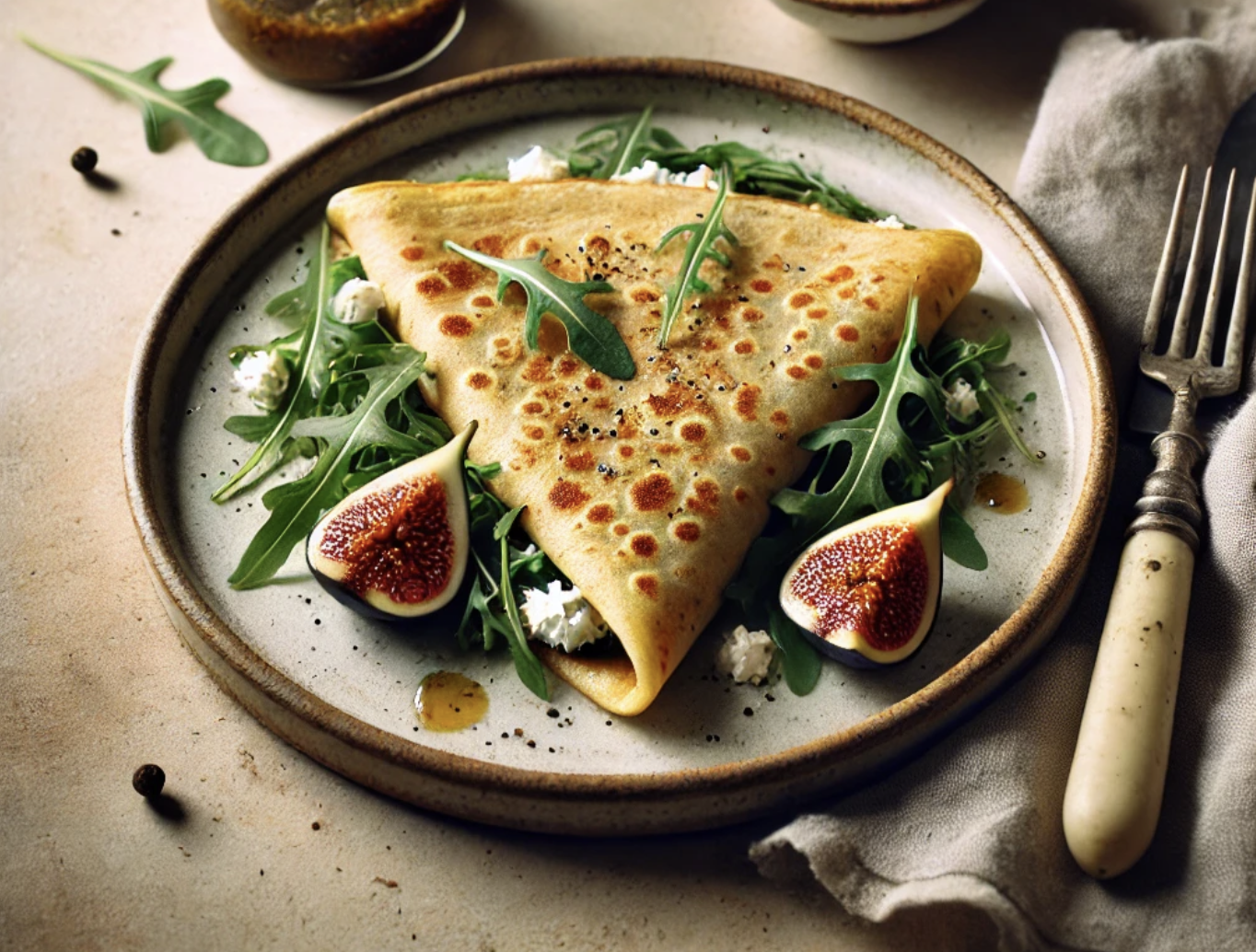 Crêpe salée au chèvre frais, roquette et condiment figue-poivre