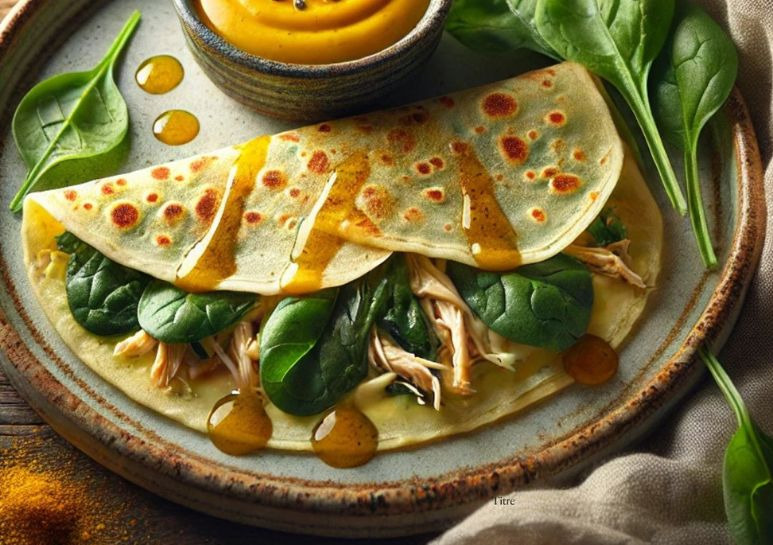 Crêpes salées au poulet, légumes grillés et condiment mirabelle-cumin